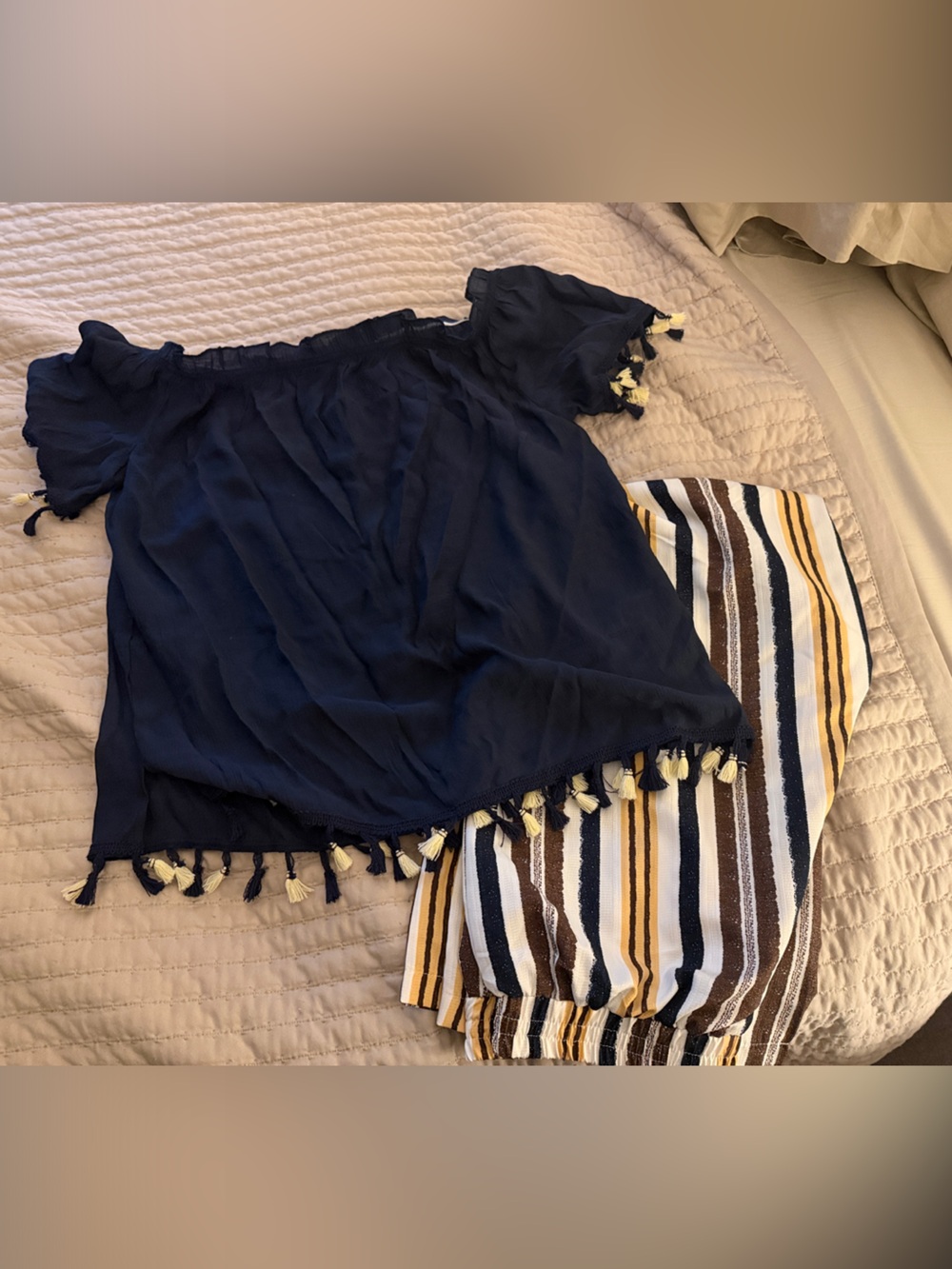 Navy Tassel Trim Off-Shoulder Top Striped Wide Legged Pants - Picture 2 of 5